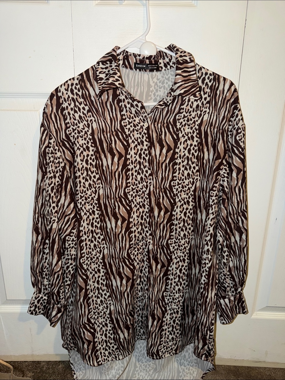 SHEIN Brown and Cream Animal Print Button-Down Shirt